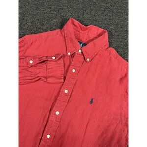 Ralph Lauren Button Down Shirt Men's Large Red 100% Linen Preppy Pony L/S